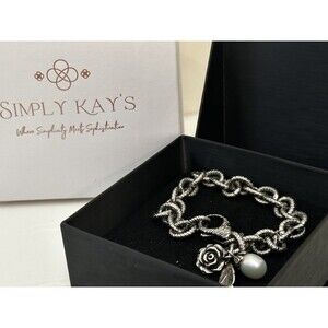 Art Deco Signed Israel PZ 925 Sterling Silver Oxidized Rolo Chain Flower & Pearl